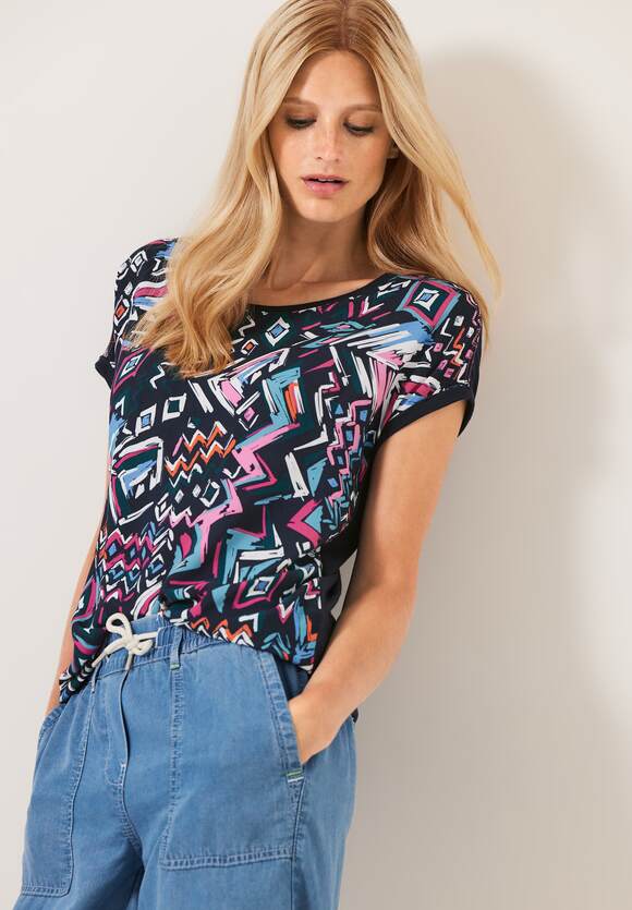 CECIL Materialmix T-Shirt Damen - Night Sky Blue | CECIL Online-Shop