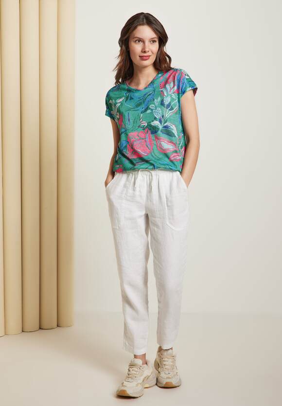 Damen Online-Shop CECIL Green - Printshirt Leinenoptik Trefoil | CECIL in