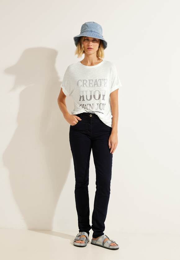 Online-Shop Shirt mit Vanilla - White CECIL Damen Wording | Steinchen CECIL